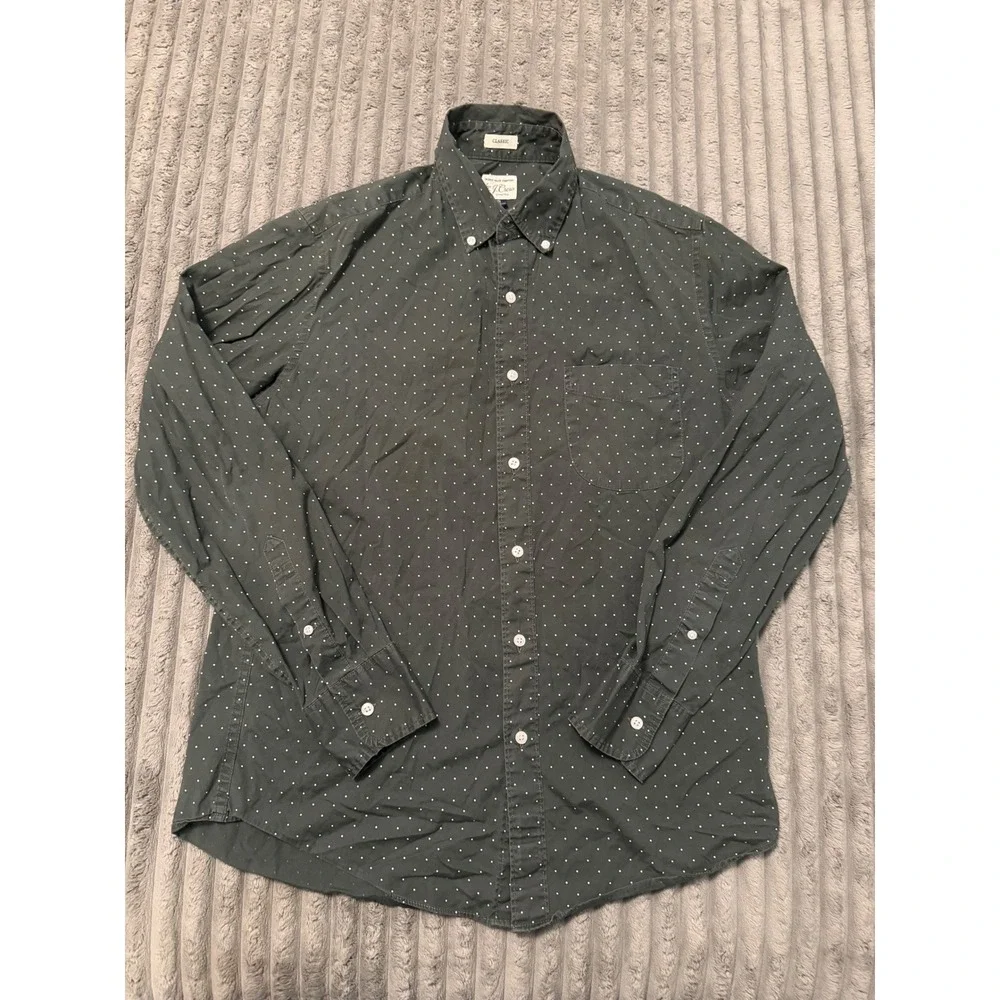 J.Crew Mens Secret Wash Stretch Shirt Classic Fit Polka Dot Green Small